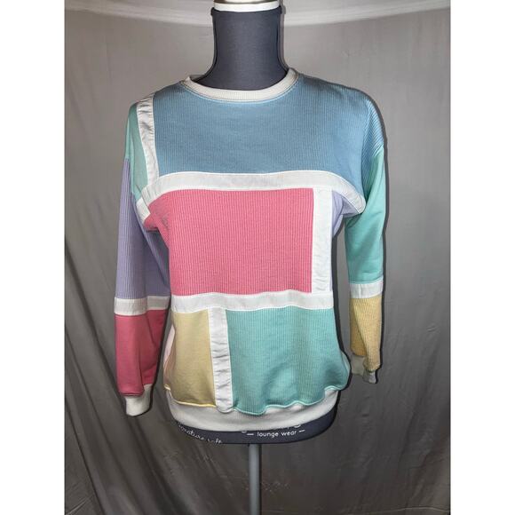 Vintage 80s 90s Color Block Pastel Ribbed Crew Neck Sweater Women’s Sm Retro - Picture 1 of 6